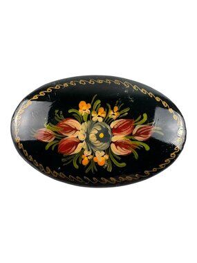 Vintage Russian Romantic Boho Black Lacquer Hand-Painted Floral Oval Brooch Pin